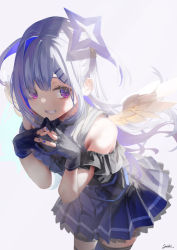 Rule 34 | 1girl, amane kanata, amane kanata (work), angel, angel wings, bare shoulders, black gloves, blue dress, blue hair, blue nails, commentary request, dress, eyes visible through hair, gloves, grin, hair ornament, hairclip, halo, highres, hololive, leaning forward, long hair, multicolored hair, nail polish, partially fingerless gloves, pink hair, pleated dress, purple eyes, saraki, sideways glance, silver hair, simple background, smile, solo, standing, star halo, steepled fingers, streaked hair, thighhighs, very long hair, virtual youtuber, wings