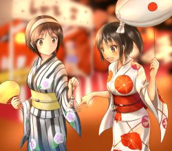 Rule 34 | 10s, 2girls, aircraft, bag, balloon, barrage balloon, blurry, blurry background, brown eyes, brown hair, commentary request, dirigible, festival, fish, floral print, gamyuu (gamyu), ginger (syoga), goldfish, hairband, hand fan, japanese clothes, kantai collection, kimono, multiple girls, nagara (kancolle), natori (kancolle), obi, open mouth, outdoors, paper fan, pointing, sash, short hair, side ponytail, smile, striped, tan, uchiwa, vertical stripes, white hairband, wide sleeves, yukata