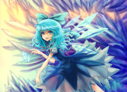 Rule 34 | bad id, bad pixiv id, blue eyes, blue hair, bow, cirno, dress, hair bow, ice, mg42cat-k1ng, open mouth, short hair, smile, solo, touhou, wavy hair, wings