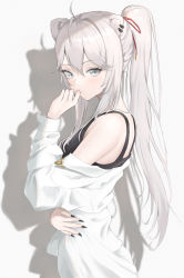 Rule 34 | 1girl, absurdres, ahoge, animal ears, bad id, bad pixiv id, black bra, black nails, bra, breasts, chinese commentary, ear piercing, eyelashes, fingernails, from side, grey background, grey eyes, hair between eyes, hair ribbon, half updo, hand to own mouth, highres, hololive, lion ears, long hair, long sleeves, looking at viewer, medium breasts, nail polish, off shoulder, open clothes, open shirt, piercing, ponytail, red ribbon, renge (730), ribbon, shadow, sharp fingernails, shirt, shishiro botan, shishiro botan (button-down), sidelocks, silver hair, simple background, single hair intake, solo, sports bra, underwear, upper body, virtual youtuber, white shirt, white theme