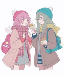 Rule 34 | + +, 2girls, :d, absurdres, aqua bag, aqua headwear, backpack, bag, bag charm, beanie, blush, brown hair, brown scarf, candy wrapper, charm (object), coat, cowboy shot, food, grey sweater, hair tie, hat, highres, holding, holding food, hrn ohana, kusanagi nene, multiple girls, ootori emu, open clothes, open coat, open mouth, pink eyes, pink hair, pink scarf, plaid, plaid scarf, plaid skirt, pleated skirt, project sekai, purple eyes, red bag, red headwear, scarf, school bag, school uniform, simple background, skirt, smile, sparkle, sweater, symbol-shaped pupils, taiyaki, wagashi, white background