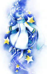 Rule 34 | 1boy, absurdres, blue hair, blue scarf, closed eyes, full body, highres, kaito (vocaloid), kurotennsi, male focus, musical note, painting (medium), pastel (medium), scarf, solo, star (symbol), traditional media, vocaloid, watercolor (medium)