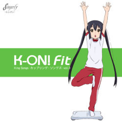 Rule 34 | 1girl, arms up, black hair, brown eyes, errant, full body, game console, gym uniform, k-on!, long hair, nakano azusa, nintendo, pants, parody, platform, solo, standing, standing on one leg, stretching, track pants, twintails, wii, wii fit