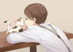 Rule 34 | 1boy, ^ ^, animal, arm support, bad id, bad pixiv id, beige background, brown eyes, brown hair, calico, cat, character request, closed eyes, closed mouth, hatano (joker game), headpat, joker game, licking, long sleeves, male focus, nekomaaro, profile, shirt, simple background, smile, suspenders, table, tongue, tongue out, upper body, whiskers, white shirt, wooden table