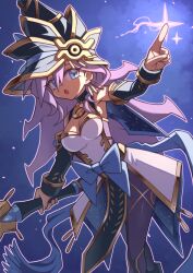 Rule 34 | 1girl, apprentice illusion magician, bare shoulders, black pantyhose, blue eyes, breasts, cleavage, dress, duel monster, earrings, hat, hibun tsukasa, highres, holding, holding staff, hoop earrings, jewelry, long hair, medium breasts, pantyhose, purple hair, ribbon, solo, staff, white dress, witch, witch hat, yu-gi-oh!