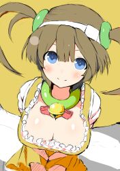 Rule 34 | 1girl, bell, blue eyes, blush, breasts, brown hair, choker, cleavage, closed mouth, dress, gessen academy uniform, green choker, hair ornament, hat, jingle bell, large breasts, long hair, looking at viewer, minori (senran kagura), neck bell, ring hair ornament, senran kagura, senran kagura estival versus, senran kagura shinovi versus, smile, solo, tottotonero, twintails, yellow dress