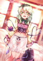 Rule 34 | bed, bloomers, blush, breasts, collar, dripping, green eyes, green hair, half-closed eyes, happy, hat, unworn hat, unworn headwear, highres, hip focus, holding, holding clothes, holding hat, knees together feet apart, komeiji koishi, legs together, looking at viewer, medium breasts, medium hair, messy hair, navel, no pants, nomayo, open clothes, open mouth, open shirt, pillow, puffy sleeves, pussy juice, stained clothes, sunlight, sweat, tearing up, tears, thigh gap, third eye, touhou, underwear, wet, window