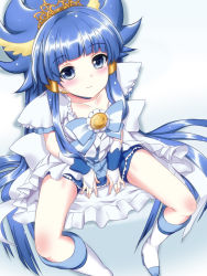Rule 34 | 10s, 1girl, aoki reika, blue eyes, blue hair, blue theme, boots, bow, colorized, cure beauty, cure beauty (princess form), earrings, hair tubes, highres, hoshino sora, jewelry, knee boots, long hair, looking at viewer, matching hair/eyes, precure, shorts, shorts under skirt, sitting, skirt, smile, smile precure!, solo, tiara, very long hair