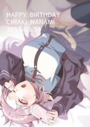 Rule 34 | 1girl, beige skirt, black jacket, black thighhighs, breasts, commentary request, danganronpa (series), danganronpa 2: goodbye despair, dated, flipped hair, hair ornament, handheld game console, happy birthday, holding, jacket, large breasts, long sleeves, looking at viewer, lying, nanami chiaki, neck ribbon, on back, one eye closed, open mouth, pink eyes, pink hair, pink ribbon, playstation vita, pleated skirt, ribbon, shirt, short hair, sketti, skirt, solo, thighhighs, white shirt