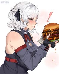 Rule 34 | !, 1girl, artist name, black gloves, black ribbon, black shirt, blush, braid, breasts, burger, button gap, cleavage, commentary request, crown braid, detached sleeves, dripping, fingerless gloves, fingernails, food, food bite, food on face, girls&#039; frontline, gloves, grey sleeves, hair ribbon, half-closed eyes, heart, heart-shaped pupils, highres, holding, holding food, large breasts, medium hair, neck ribbon, noiretox, open mouth, profile, red eyes, red ribbon, ribbon, saliva, saliva trail, sexually suggestive, shirt, simple background, sleeveless, sleeveless shirt, solo, spas-12 (girls&#039; frontline), sweat, symbol-shaped pupils, tongue, tongue out, twintails, upper body, white background, white hair