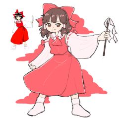 Rule 34 | 1girl, ascot, bow, brown eyes, brown hair, closed mouth, cloud, clover (clover11 40), detached sleeves, dot nose, embodiment of scarlet devil, full body, gohei, hair bow, hair tubes, hakurei reimu, holding, holding gohei, legs apart, long sleeves, looking at viewer, medium hair, no shoes, nontraditional miko, red ascot, red bow, red ribbon, red skirt, red vest, reference inset, ribbon, ribbon-trimmed sleeves, ribbon trim, skirt, skirt set, smile, socks, standing, touhou, vest, white background, white sleeves, white socks, wide sleeves