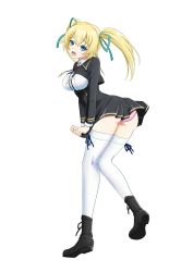 Rule 34 | 1girl, blonde hair, blue eyes, boots, cle masahiro, full body, hair ribbon, highres, long hair, long sleeves, looking at viewer, official art, open mouth, panties, pink panties, ribbon, simple background, skirt, skirt tug, solo, thighhighs, twintails, twisted torso, underwear, upskirt, valkyrie drive, valkyrie drive -siren-, white background, white thighhighs