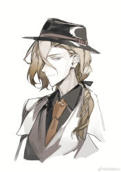 Rule 34 | 1boy, asymmetrical bangs, black bow, black hat, black shirt, blonde hair, bow, braid, brown necktie, bungou stray dogs, chinese commentary, closed mouth, coattails, collared jacket, collared shirt, commentary request, cui (jidanhaidaitang), grey eyes, grey vest, hair bow, hair over one eye, hair over shoulder, hat, highres, jacket, long bangs, long hair, looking at viewer, loose hair strand, low ponytail, male focus, necktie, open clothes, open jacket, paul verlaine (bungou stray dogs), shirt, simple background, single braid, smile, solo, upper body, v-neck, vest, watermark, weibo logo, weibo watermark, white background, white jacket