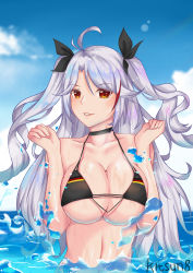 Rule 34 | 1girl, absurdres, artist name, azur lane, bikini, black bikini, black choker, blue sky, breasts squeezed together, breasts, choker, cleavage, flag print, german flag, german flag bikini, highres, kitsun8, large breasts, long hair, mole, mole on breast, multicolored hair, official alternate costume, orange eyes, partially submerged, prinz eugen (azur lane), prinz eugen (unfading smile) (azur lane), red hair, silver hair, sky, solo, streaked hair, swimsuit, water, wet