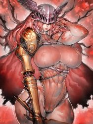 Rule 34 | 1girl, abs, breasts, cape, closed mouth, covered erect nipples, covered eyes, elden ring, fumio (rsqkr), helmet, highres, holding, holding sword, holding weapon, leotard, long hair, malenia blade of miquella, mechanical arms, prosthesis, prosthetic arm, prosthetic leg, red cape, red hair, sexually suggestive, single mechanical arm, solo, sword, very long hair, weapon, winged helmet
