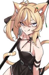 Rule 34 | 1girl, animal ears, bidortw, black choker, black dress, blonde hair, breasts, carrot hair ornament, cat ears, cat girl, cat tail, chinese commentary, choker, cleavage, commentary request, cosplay, dress, food-themed hair ornament, hair between eyes, hair ornament, highres, hinamori rabi, holding, holding staff, medium breasts, purple eyes, second-party source, short dress, side ponytail, silvalive, solo, sousou no frieren, staff, tail, tongue, tongue out, ubel (sousou no frieren), ubel (sousou no frieren) (cosplay)