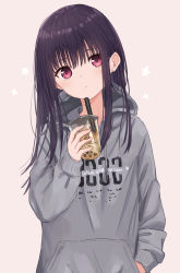 Rule 34 | 1girl, absurdres, akipeko, black hair, blush, bubble tea, cup, disposable cup, drink, drinking, drinking straw, floral background, hair between eyes, hand in pocket, head tilt, highres, holding, holding cup, hood, hoodie, long hair, long sleeves, looking at viewer, original, pink background, pout, red eyes, simple background, solo, upper body