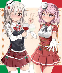 Rule 34 | 2girls, alcohol, anchor, bad id, bad pixiv id, beige background, breasts, brown eyes, commentary request, corset, cowboy shot, cup, drinking glass, flag background, giuseppe garibaldi (kancolle), gloves, grey hair, hat, highres, italian flag, kantai collection, looking at viewer, medium breasts, mini hat, miniskirt, multicolored background, multiple girls, one eye closed, pink eyes, pink hair, pleated skirt, pola (kancolle), red skirt, sebunsu, shirt, short hair, short sleeves, skirt, smile, thighhighs, v, wavy hair, white gloves, white headwear, white legwear, white shirt, wine, wine glass