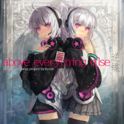 Rule 34 | 2girls, ahoge, black legwear, black skirt, black sleeves, character request, closed mouth, commentary, copyright name, english commentary, headphones, hjl, long sleeves, looking at viewer, multiple girls, parted lips, pleated skirt, purple eyes, short hair, skirt, text focus, thighhighs, vocaloid, vocanese