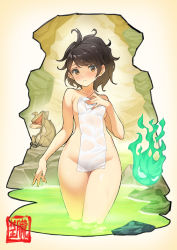 Rule 34 | 1girl, animal, bad id, bad twitter id, black hair, blush, breasts, brown eyes, commentary request, covering privates, hair up, hitodama, holding, holding towel, japanese macaque, looking at viewer, momohime, monkey, nude, nude cover, oboro muramasa, onsen, rock, saitou masatsugu, small breasts, steam, towel, wading, water, wet, white towel, wide hips