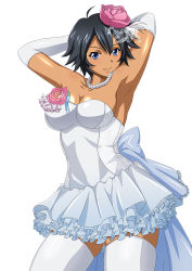 Rule 34 | 00s, 1girl, ahoge, armpits, arms behind head, black hair, breasts, dark-skinned female, dark skin, dress, elbow gloves, female focus, flower, gloves, ikkitousen, jewelry, large breasts, necklace, official art, pearl necklace, short hair, simple background, smile, solo, standing, strapless, strapless dress, thighhighs, ukitsu (ikkitousen), wedding dress, white background, white gloves, white thighhighs