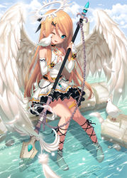 Rule 34 | 1girl, ;d, angel, angel wings, ankle lace-up, barefoot, bird, blonde hair, blue eyes, breasts, chain, cross-laced footwear, day, dove, dress, feathers, full body, halo, long hair, one eye closed, open mouth, original, polearm, s-goon, sitting, sky, smile, soaking feet, solo, spear, water, weapon, white wings, wings