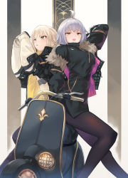 Rule 34 | 2girls, absurdres, ahoge, alternate costume, artoria pendragon (all), artoria pendragon (fate), black jacket, black legwear, black sweater, blonde hair, blush, breasts, coffee cup, contemporary, cup, disposable cup, fate/grand order, fate/stay night, fate (series), fur trim, hair between eyes, highres, jacket, jeanne d&#039;arc (fate), jeanne d&#039;arc alter (avenger) (fate), jeanne d&#039;arc alter (fate), large breasts, long hair, long sleeves, looking at viewer, motor vehicle, multiple girls, ohland, open clothes, open jacket, open mouth, pantyhose, saber alter, scooter, short hair, silver hair, smile, sweater, tongue, tongue out, yellow eyes