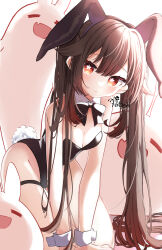 Rule 34 | 1girl, alternate costume, animal ears, artist name, bare arms, bare shoulders, black leotard, boo tao (genshin impact), bow, bowtie, breasts, bright pupils, brown hair, cleavage, commentary, detached collar, expressionless, fake animal ears, fake tail, feet out of frame, flower-shaped pupils, genshin impact, ghost, highres, hu tao (genshin impact), kneeling, leotard, long hair, looking at viewer, medium breasts, parted lips, playboy bunny, poteo, rabbit ears, rabbit tail, red eyes, solo, strapless, strapless leotard, symbol-shaped pupils, tail, thigh strap, traditional bowtie, twintails, v arms, very long hair, watermark, white pupils, wrist cuffs