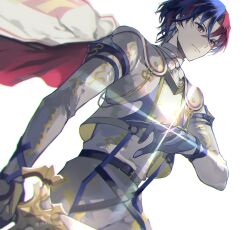Rule 34 | 1boy, alear (fire emblem), alear (male) (fire emblem), belt, black belt, blue eyes, blue gloves, blue hair, cape, closed mouth, cowboy shot, fire emblem, fire emblem engage, gloves, heterochromia, highres, holding, holding sword, holding weapon, jacket, jewelry, long sleeves, looking away, male focus, multicolored hair, nintendo, pants, red eyes, red hair, ring, shiroi (shiroicbe), shirt, short hair, simple background, solo, standing, sword, two-tone hair, weapon, white background, white cape, white jacket, white pants, white shirt