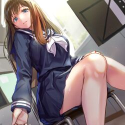 Rule 34 | 1girl, bare legs, blue eyes, blurry, blurry background, brown hair, depth of field, feet out of frame, from below, hand on own knee, hibike! euphonium, highres, indoors, knees together feet apart, kuroe mayu, light particles, long hair, long sleeves, looking at viewer, looking down, misogi (misogi1341), music stand, neckerchief, parted lips, pleated skirt, sailor collar, school uniform, serafuku, shirt, sidelocks, sitting, skirt, solo, thighs, window