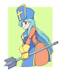Rule 34 | 1girl, absurdres, blue hair, blue hat, blue tabard, bodysuit, closed mouth, cropped legs, cross, dragon quest, dragon quest iii, gloves, hat, highres, holding mace, light blue hair, long hair, mace, mitre, orange bodysuit, powerhamuhamu, priest (dq3), red eyes, smile, solo, tabard, v arms, weapon, yellow gloves