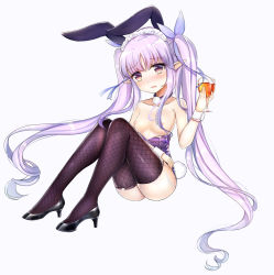 Rule 34 | 1girl, animal ears, black footwear, blue ribbon, blush, breasts, brown eyes, brown thighhighs, collarbone, cup, cupping glass, drinking glass, fake animal ears, fishnet thighhighs, fishnets, hair ribbon, high heels, highres, holding, holding cup, kemonomimi mode, kyoka (princess connect!), leotard, long hair, looking at viewer, nipples, nose blush, parted lips, playboy bunny, princess connect!, purple hair, purple leotard, rabbit ears, rabbit girl, rabbit tail, ribbon, rinringyo, shoes, sitting, small breasts, solo, tail, thighhighs, topless, twintails, very long hair, wrist cuffs