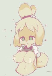 Rule 34 | 1girl, animal crossing, animal ears, bad id, bad pixiv id, body fur, bow, breasts, clothes lift, dog ears, dog girl, dog tail, embarrassed, furry, furry female, green eyes, hair bobbles, hair ornament, inverted nipples, isabelle (animal crossing), lactation, large breasts, loliswitch, navel, nintendo, nipples, rollingswitch, shirt lift, solo, sweatdrop, sweater vest, tail, topknot, upper body