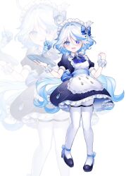 1girl ahoge alternate_costume apron ascot blue_ascot blue_bow blue_dress blue_eyes blue_gemstone blue_hair bow dress drop-shaped_pupils enmaided frilled_apron frills full_body furina_(genshin_impact) gem genshin_impact hair_between_eyes hair_bow hands_up heterochromia highres light_blue_hair light_blush long_hair looking_at_viewer maid maid_headdress multicolored_hair open_mouth puffy_short_sleeves puffy_sleeves short_sleeves sikaku solo streaked_hair symbol-shaped_pupils teeth thigh_strap thighhighs upper_teeth_only very_long_hair white_apron white_background white_hair white_thighhighs zoom_layer