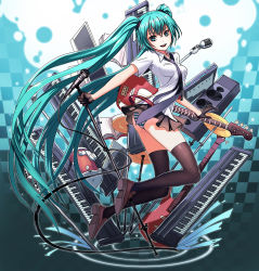 Rule 34 | 1girl, aqua eyes, aqua hair, book, chunrijun (springer), electric guitar, gloves, gradient background, guangfu bao tong meng0-0, guitar, hatsune miku, highres, instrument, keyboard (instrument), long hair, microphone, microphone stand, necktie, panties, skirt, solo, speaker, striped clothes, striped panties, thighhighs, twintails, underwear, very long hair, vocaloid