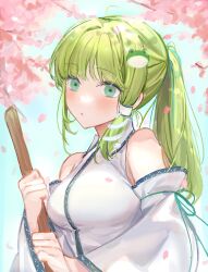 Rule 34 | 1girl, absurdres, bare shoulders, blush, breasts, detached sleeves, flua (fee de la), frog hair ornament, green eyes, green hair, hair ornament, highres, japanese clothes, kochiya sanae, large breasts, long hair, nontraditional miko, snake hair ornament, solo, touhou, upper body, white sleeves, wide sleeves