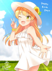 Rule 34 | 1girl, ;d, bare arms, bare shoulders, blonde hair, blue sky, blurry, blurry background, blush, cloud, commentary request, cowboy shot, day, depth of field, dress, fang, flower, flower bracelet, flower wreath, green eyes, happy, happy birthday, hat, hat flower, idolmaster, idolmaster cinderella girls, jougasaki rika, kaiware-san, lens flare, long hair, looking at viewer, looking back, one eye closed, open mouth, outdoors, signature, sky, sleeveless, sleeveless dress, smile, solo, standing, sun hat, sundress, sunflower, very long hair, white dress, white hat, wink, yellow flower