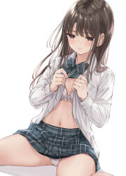 Rule 34 | 1girl, blush, bow, bowtie, bra, breasts, brown eyes, brown hair, closed mouth, clothes grab, collared shirt, commentary request, frown, grey bow, grey bowtie, grey skirt, highres, light blush, long hair, looking down, navel, open clothes, open shirt, original, panties, pantyshot, parted bangs, plaid, plaid skirt, pleated skirt, school uniform, shirt, simple background, sitting, skirt, small breasts, solo, stomach, striped bow, striped bowtie, striped clothes, underwear, undressing, wariza, white background, white bra, white panties, white shirt, wing (aiastor)