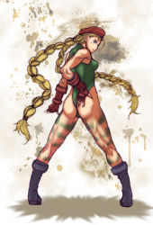 Rule 34 | 1990s (style), 1girl, ass, blonde hair, braid, cammy white, capcom, female focus, full body, gradient background, leotard, long hair, retro artstyle, solo, street fighter, street fighter ii (series), twin braids