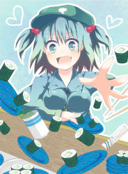 Rule 34 | 1girl, blue eyes, blue hair, blush, breasts, food, green hat, hair bobbles, hair ornament, hat, heart, kawashiro nitori, key, looking at viewer, medium breasts, open mouth, plate, short twintails, smile, solo, suica (namamen), sushi, touhou, twintails, two side up