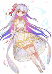Rule 34 | 1girl, absurdres, back bow, blue fire, bow, chinese commentary, colored inner hair, commentary request, dress, earrings, fate/grand order, fate/grand order arcade, fate (series), fingernails, fire, floating, flower, full body, gold trim, grey hair, hair flower, hair ornament, hair ribbon, highres, jewelry, kama (fate), kama (mistake) (fate), long hair, looking at viewer, multicolored hair, petals, pink flower, pink petals, purple hair, red eyes, red ribbon, ribbon, sao7, see-through, see-through dress, simple background, smile, water lily flower, white background, white bow, white dress, yellow footwear