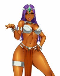 Rule 34 | 1girl, armlet, bracelet, breasts, choker, circlet, dark-skinned female, dark skin, dragon quest, dragon quest iv, earrings, female focus, hand on own hip, jewelry, large breasts, lips, lipstick, loincloth, long hair, makeup, manya (dq4), matoyama, navel, parted lips, pelvic curtain, purple hair, simple background, solo, thigh strap, white background