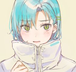 Rule 34 | 1girl, blue hair, blush, brown background, green eyes, hair between eyes, hair ornament, hairclip, hand up, heremia, high collar, highres, jacket, looking at viewer, original, parted bangs, parted lips, portrait, simple background, solo, white jacket