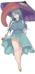 Rule 34 | 1girl, blue eyes, blue hair, blush, breasts, cankles, heterochromia, highres, huge breasts, long hair, looking down, aged up, pushun (muteki), red eyes, saliva, skirt, smile, solo, tatara kogasa, thick thighs, thighs, tongue, touhou, tunic, umbrella