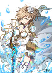 Rule 34 | 1girl, breasts, brown eyes, brown hair, cleavage, closed mouth, commentary request, cosplay, djeeta (granblue fantasy), dress, flower, glorybringer (granblue fantasy), granblue fantasy, hair between eyes, hair flower, hair ornament, holding, holding sword, holding weapon, looking at viewer, medium breasts, ragho no erika, rose, signature, simple background, smile, solo, standing, strapless, strapless dress, sword, the glory, the glory (cosplay), thighhighs, water drop, weapon, white background, white dress, white flower, white rose, white thighhighs