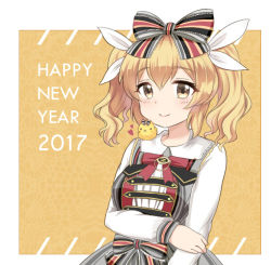 Rule 34 | 1girl, badge, bird, blonde hair, bow, chick, dress, english text, hair between eyes, hair bow, hairband, hand on own arm, heart, long sleeves, looking at viewer, simple background, smile, solo, striped bow, striped clothes, striped dress, tsukimiya yuuko, twintails, upper body, warship girls r, yellow eyes, z31 (warship girls r)