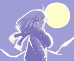 Rule 34 | 00s, 1girl, 2000, ahoge, hand on own chest, jacket, long sleeves, looking at viewer, monochrome, moon, mountain, purple background, scarf, short hair, sky, standing, sujiko gozen, upper body