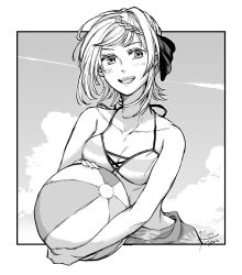 Rule 34 | 1girl, ball, beachball, bikini, blush, braid, collarbone, dated, greyscale, holding, holding ball, holding beachball, kantai collection, monochrome, open mouth, perth (kancolle), sarong, short hair, signature, smile, solo, swimsuit, teeth, upper body, upper teeth only, yamada rei (rou)