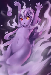 Rule 34 | 1girl, armpits, black sclera, child, colored sclera, colored skin, completely nude, dunceneygak, flat chest, ghost, hands up, heterochromia, long hair, navel, no nipples, nude, original, purple hair, purple skin, purple theme, red eyes, sidelocks, solo, yellow eyes