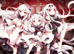 Rule 34 | 10s, 3girls, :o, abyssal ship, aircraft carrier water oni, bare legs, bare shoulders, black panties, breasts, cleavage, colored skin, detached sleeves, dress, female focus, horns, kantai collection, large breasts, long hair, looking at viewer, midway princess, mittens, multiple girls, northern ocean princess, nyanya, panties, red eyes, ribbed dress, ribbed sweater, sailor dress, short dress, sweater, sweater dress, turtleneck, underwear, white dress, white hair, white skin